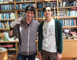Zohar Wouk (left) and Abe Karplus (right) flaunt their new light glove design. (Photo credit: Paige Welsh)