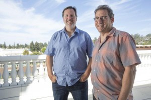 Looker CEO Frank Bien (left) with founder and CTO Lloyd Tabb on a top-floor patio at the startup's new office in the downtown Santa Cruz E.C. Rittenhouse Building. (photo credit: Vicki Thompson)