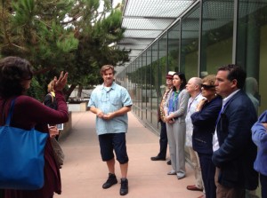 Craig Hawker, the Director of UCSB’s NanoStructures Cleanroom facility (Center), gives Santa Cruz visitors a tour. (Front left) Peggy Dolgenos, CEO of Cruzio Internet asks a question. (Front right) David Terrazus, Santa Cruz City Council.