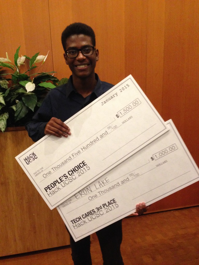 Eron Lake is a double prize winner, receiving $2,500 total for 3rd Place in Tech Cares Category, and The People’s Choice Award.]