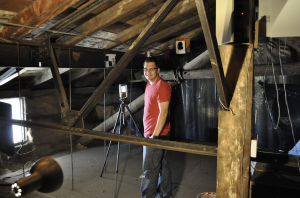 Employee from CyArk, an Oakland-based nonprofit dedicated to creating digital archives of significant cultural and historical sites around the world, scans the interior of an historic building. Photo credit: Scott Lee/CyArk