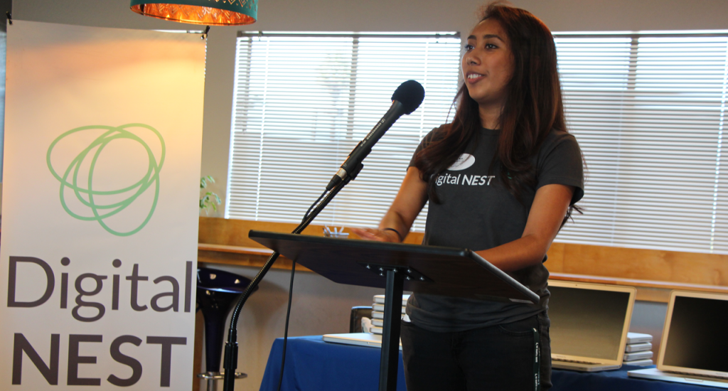 Ana Nico shared her career dreams and experiences as a member of Digital NEST, which included building a website, digital mapping, video production, visiting Silicon Valley tech companies and attending a week-long coders camp at UCSC. (Credit: Jan Janes)