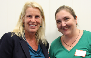 After Calliope Waterworks' presentation at Sand Hill Angels RAW pitch night, Hilary Bryant, CMO and Keri Waters, CEO share a smile. Credit: Jan Janes.