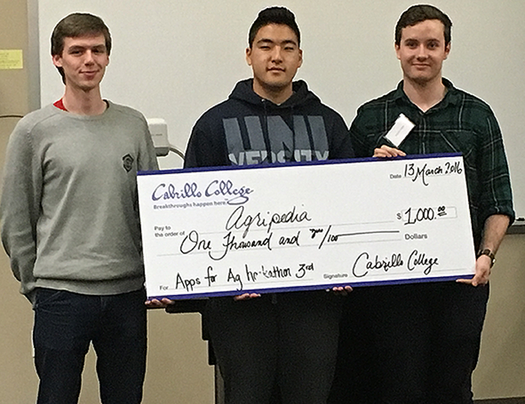 Third Place WInners: Web developers Paul Connolly, University College Dublin; Ji Baik, UCSC; Brendan Dugan, UCSB, created a platform combining wiki information and text messaging for growers in the developing world. (Contributed/Cabrillo)