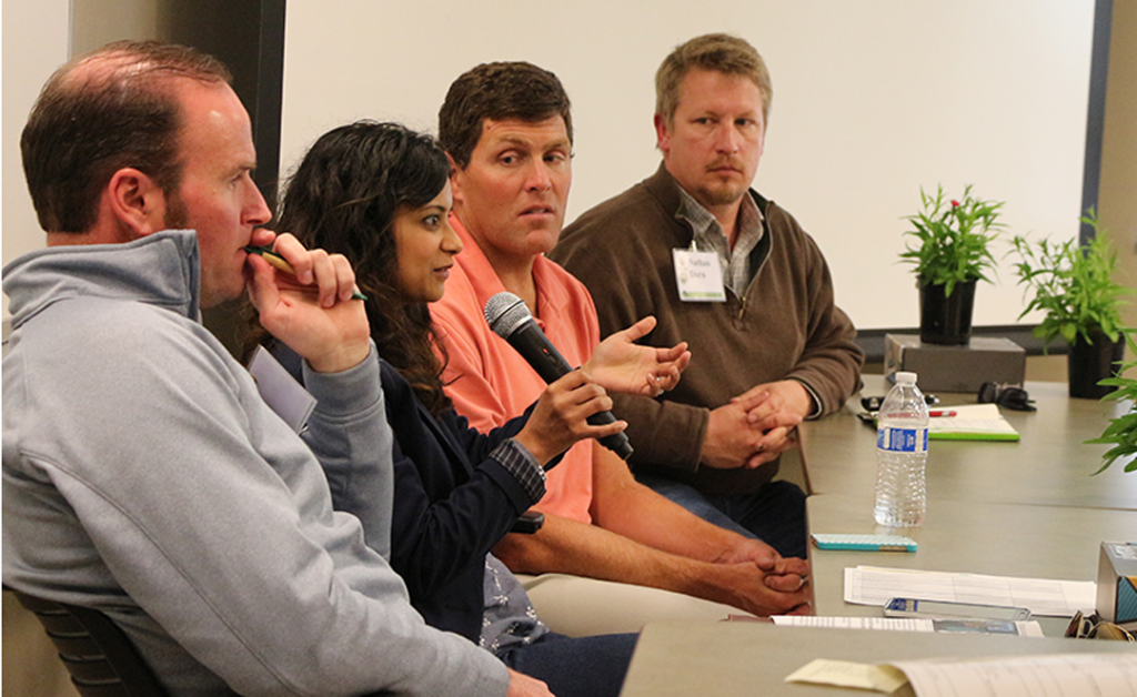 Bart Walker, Dr. Poormina Parameswaran, Tony Koselka and Nathan Dorn discussed the challenges growers face with emerging technologies and science research. (Credit: Jan Janes Media)