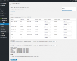 Administrator configuration options for passQi mFactor plugin for WordPress gives fine grain control of user two-factor settings. (Contributed) 