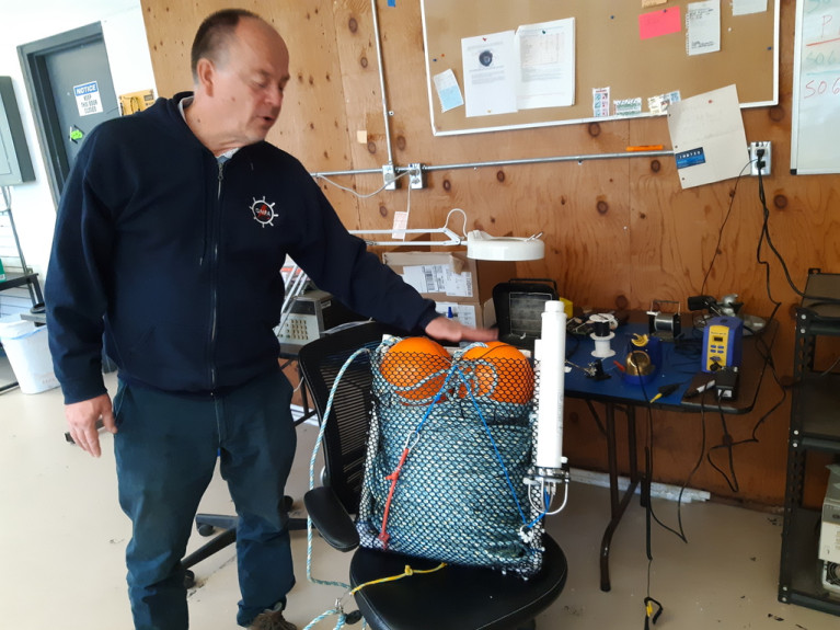 Desert Star chief executive Marco Flagg explains how his "pop-up" device can connect crabbers to their traps without the use of ropes.