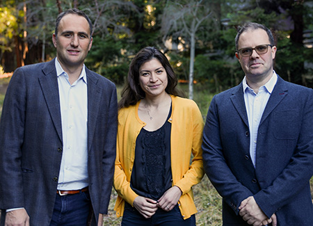 Marco Rolandi, Marcella Gomez, and Mircea Teodorescu lead the UCSC team working to develop a smart bandage for wound healing. (Photo by James McGirk)