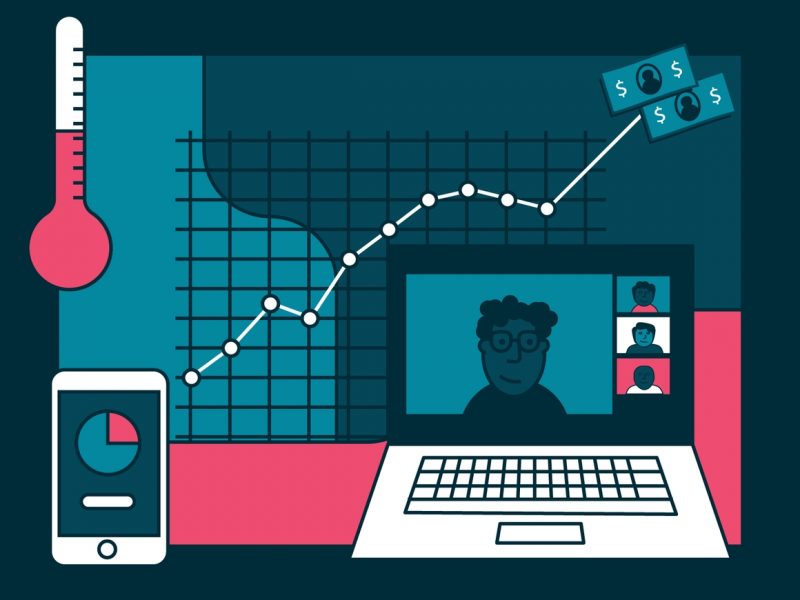 Image of a transaction being completed on a call phone, the money dropping into a computer where people are using Zoom