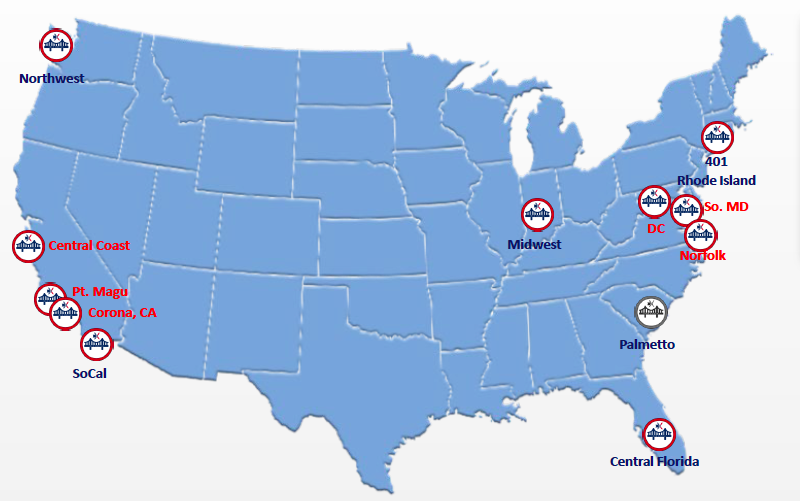 USA Map indicating locations of naval tech bridges