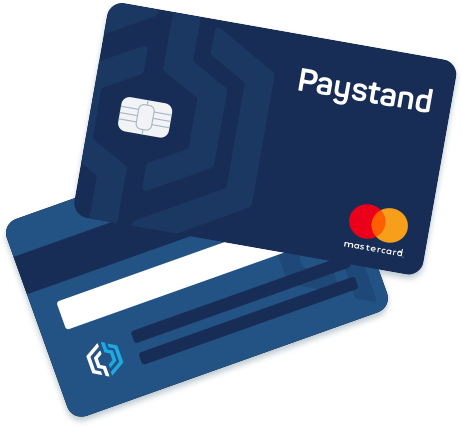 Illustration of blue Paystand e-payment card, with Paystand's logo and a mastercard symbol